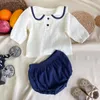 Clothing Sets born Baby Girls Boys Autumn Full Sleeve Navy Collar Top Tees Solid Bread Bottoms Infant Kids Pure Cotton Clothing Set 2pcs 230825