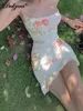 基本的なカジュアルドレスDulzura Floral Print Women Mesh Strap Mini Dress Ruched Bodyconセクシーなストリートウェアパーティークラブ