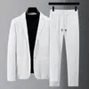 Ternos masculinos Blazers Homens Terno Calças de Cordão Conjuntos de Treino Primavera Outono Plissado Fino Casual Outfits Preto Branco Único Botão 230825