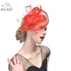 Breite Krempe Hüte Eimer WELROG Mode Mesh Fascinator Hut Frauen Hochzeit Cocktail Tee Party Feste Blume Feder Fascinator Kopfbedeckung Haarspange 230825