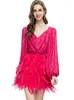 Casual Dresses QQ8037 Heavy Industry Sequin Feathers Patchwork Lantern Long Sleeves Rose Red Croped Dress European och American Autumn