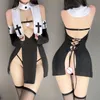 Sexy Pyjama Cosplay Lingerie Zwart Wit Ondergoed Uitsparing Split Rok Lace Up Bandage Nun Uniform Pak Kostuum Vrouwen 230825