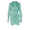 Grundläggande avslappnade klänningar Idress Sexig ruched Satin för kvinnor 2023 Fashion Long Sleeve Party Outfits Shirt Birthday Night Club Spring 230826