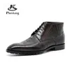 Boots Phenkang Men's Genuine Leather Pattern Winter Rubber Ankle Chelsea Boots Brogue Flat Safety Dress Shoes Handmade 230825