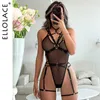 Conjunto sexy Body de encaje transparente con liga Halter Vendaje Sin espalda Lencería exótica Cuerpo Medias sin costuras Tul negro Teddy Tops 230808