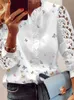 女性のTシャツBlusas Mujer女性用長袖シャツオフィスバタフライプリントエレガントなトップフリルカットトップストリート服ホワイトトップT230826