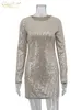 Temel gündelik elbiseler Clacive moda gümüş pullu kadın elbise 2023 bodycon o boyun boyun uzun kollu mini elbise zarif ince parti elbisesi t230825