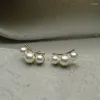 Boucles d'oreilles élégantes Triple perles d'eau douce incrustées de barre d'équilibre plaquée or pour femmes, bijoux cadeau de fête de mariage
