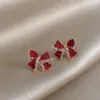 Boucles d'oreilles à clous pour femmes, Style plaqué or, nœud rouge, bijoux en cristal CZ, charme bohème, tendance, cadeau de fête, 2023