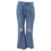 Pantaloni da donna in denim con foro jeans Pantaloni a vita alta con bottoni svasati Pantaloni a campana skinny femminili svasati