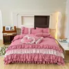 Conjuntos de cama Coreano Princesa Estilo Set Stitch Lace Ruffles Duvet Cover Cama Saia Colcha Folha com Fronhas