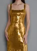 Grundlegende Freizeitkleider DEAT Damen Abendkleid Leibchen Ärmellos Schlank Quaste Rückenfrei Split Gold Mode Weiblich Sommer 2023 13DB2284 230826