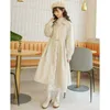 Women's Wool Blends French Vintage Woolen Coats Women Autumn Winter Elegant Pleated Long Coat Female Sweet Lantern Sleeve Jackets 230827