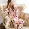 Pyjama en soie véritable pour femmes, ensemble de vêtements de nuit, imprimé Rose, manches longues, boutons, vêtements de nuit naturels purs