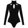 女性用ジャンプスーツロンパーズファッションボディスーツ女性ボディスーツセクシーなロンパーブラックモックネック長袖