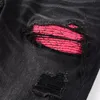 Męskie dżinsy UE Dżinsowe dżinsowe czarne zmartwione wąsy Slim Fit Uszkodzone otwory Różowe żebra łatki na rozciągnięte dżinsy 230827
