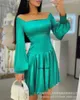 Casual Jurken Vrouwen Lantaarn Mouw Taille Avondjurk Elegante Effen Kleur Herfst Sexy Slanke Korte Dame Geplooide Vestidos Party