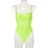 Kvinnors jumpsuits Rompers Neon Green Mesh Transparent Bodysuit Sexig backless randiga ärmlösa overaller Party Fashion Spaghelti Strap 230826