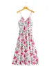 Sıradan Elbiseler Yaz Kadın Giyim 2023 Fırfır Trim V Boyun Çiçek Tatil Plaj Elbisesi Spagetti Kemeri Kemer ile Kemer