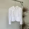 Blusas femininas 2023 outono senhoras estilo acadêmico branco azul xadrez manga bolha camisas topos frente divisão fina lapela doce moda