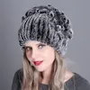 Beanie/Skull Caps Winter Women's Warm Fashion Beanie Sticked Hat Real Rex Rabbit Fur Hat Sticked With Side Flower Ryssland Hat 230826