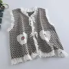 Gilet tricoté en dentelle à carreaux pour femmes, Style japonais, Patchwork, Camisole ample brodée, Cardigan rose court, Tops Mujer