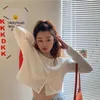 Kvinnor stickar Tees Korean Style Oneck Kort stickade tröjor Kvinnor Thin Cardigan Fashion Sleeve Sun Protection Crop Top Ropa Mujer 230826