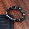 Charm Bracelets Leather Bracelet Men Natural Stone Bead Genuine Woven Stainless Steel Multi-layer Jewelry