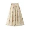 Skirts Women's 3D Three Dimensional Embroidered Dragonfly Embellished Mesh Long Skirt High Waist