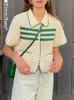 Camisetas de punto para mujer Showmirror Retro Green Stripe Cardigan de punto Tops Mujer con botones de manga corta Blusa de crochet Camisas Suéteres de estilo preppy Y2K 230827
