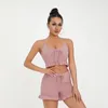 Set attivi Donna Due pezzi Completo Orlo con volant Senza maniche Solido scollo a V Crop Cami Top e pantaloncini elastici Set Casual per abiti da yoga