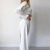 Kvinnors sömnkläder Fashion Home Pyjama sätter White Simple Satin Silk 2st Dams Pullover Long Sleeve Tops Trousers Passar Autumn