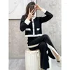 Women's Two Piece Pants Korean Fashion Knitted Suit Autumn Winter Short Cardigan Jacket Elastic Waist Split Wideleg Trousers Set