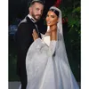 Arabe blanc robe de bal robes de mariée sans bretelles perles dentelle manches bouffantes plage robes de mariée balayage train hors épaule robe De Novia 328 328