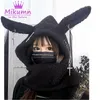 Beanie/Skull Caps Japanese Harajuku Girls Long Rabbit Ear Hat Gothic Black Cross Chain Lambool Winter Warm Hooded Scarf Caps Streetwear 230826