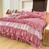 Conjuntos de cama Coreano Princesa Estilo Set Stitch Lace Ruffles Duvet Cover Cama Saia Colcha Folha com Fronhas