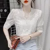 Herrtröjor mode sommarkvinna vit broderi bomullsblus 2023 stilfulla söta eleganta skjortor ihåliga ut toppar korta ärm blusa