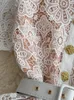 カジュアルドレスメッシュフラワー刺繍エレガントなメタルボタンベ​​ルトラペルカラースリムドレス女性イブニングパーティーフックフラワーホローベース261S