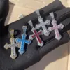 Pendant Necklaces Men Women Colorful Blue Pink Purple Colorful Cz Cross Pendant Necklace Iced Out Bling 5A Cubic Zirocnia Hip Hop Jewelry 230826