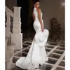 Gorgeous Mermaid Beading Wedding Dresses Sexy Jewel Neck Lace Split Bridal Gowns Sweep Train Robe De Mariee Custom Made 328