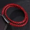 Bracelets porte-bonheur à la mode hommes femmes rouge véritable cuir tressé Bracelet Punk mode acier boucle Bracelet cadeau FR0488