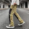 Pantaloni da uomo Color Block PU Pelle impiombata Streetwear Uomo Cargo Harajuku Pantaloni casual larghi oversize dritti 230826