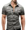 Chemises habillées pour hommes Slim Légère élastique Hommes Denim Chemise à manches courtes Poches en coton doux Jeans minces Cowboy Vêtements 2023 Été 230826