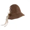 ワイドブリム帽子ファッション夏の弓の手作りビーチキャップレースリボンブリティッシュスタイル日焼け止め織り太陽の麦わら帽子のトップ