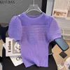 Pulls pour femmes Été tricoté pull femmes mode coréenne chic mince couleur unie o-cou bouffée à manches courtes violet pull tricots haut Y2K 230827