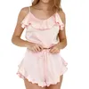 Kvinnors sömnkläder ruffle Satin Pyjama Set Women Sling Top and Shorts Suits Solid Color Strappy Sexig Night Wear 2023 Girls Pink Sweety Sleep