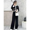 Women's Two Piece Pants Korean Fashion Knitted Suit Autumn Winter Short Cardigan Jacket Elastic Waist Split Wideleg Trousers Set