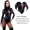 Women's Jumpsuits Rompers S5XL Plus Size Women Leather Bodysuit Long Sleeve Laceup Club Jumpsuit PU Romper Teddy Latex Catsuit Catwomen 230826