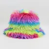 Wide Brim Hats Bucket Hats Women Men Fashion Rainbow Faux Fur Bucket Hat Winter Thickened Soft Warm Fluffy Fishing Cap Outdoor Vacation Fisherman Hat 230826