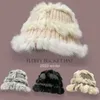 Chapéus de aba larga Bucket Chapéus Inverno Crochet Rabbit Fur Bucket Chapéu Mulheres Dobrável Luxo Fofo Quente Beanies Feminino Moda Faux Fur Kniting Chapéu Panamá 230826